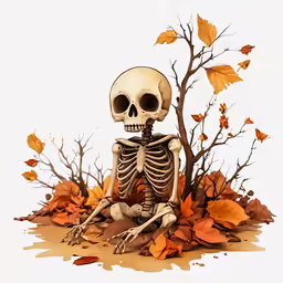 a skeleton is sitting down next to a tree