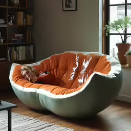 a woman in an orange shirt sits on a bean bag chair