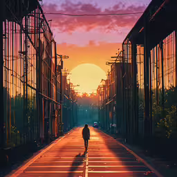 a person walking in the road between several industrial buildings,silhouette of person walking along road in city at sunset