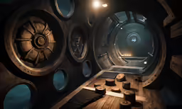 the dark room is made of wood and has several round windows