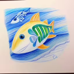 a water color drawing of a fish on a white paper,a colorful painting of a fish swimming over a body of water