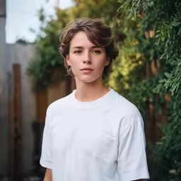 a boy is looking at the camera and wearing a white tee shirt