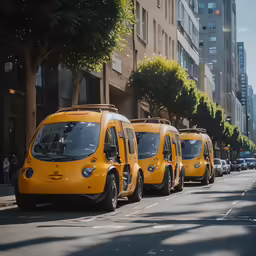 an image of three yellow taxis that are parked on the street