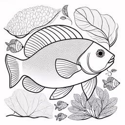 an outline art fish among flowers and leaves