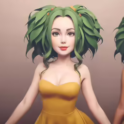 a close up of a woman in a yellow dress