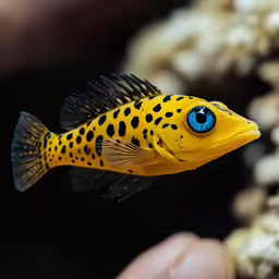 a little yellow and black fish with blue eyes