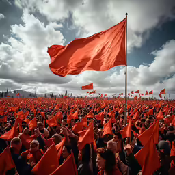 a crowd of people holding orange flags