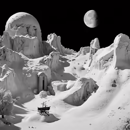 the moon is above the mountain top and the snow is covered in snow