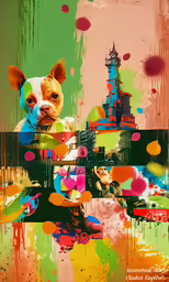 a dog with colorful splashes is sitting down