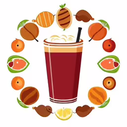 a beverage with garnishes is surrounded by other fruit and vegetables,a cup of coffee in front of an orange slice with some fruit on top,a cup of juice is surrounded by citrus and fruits,an image of a drink with a lot of fruits around it,a drink with a straw garnished with various fruits around it