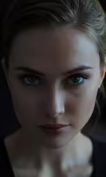 the woman has blue eyes and she is wearing a black top