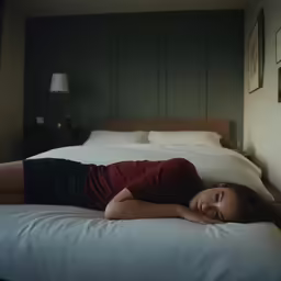 young woman lying down on a bed in a small bedroom