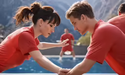a couple holding hands by a swimming pool