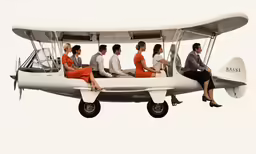 four people are in an airplane with the propeller pointing down