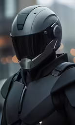 the armored man is wearing a helmet with glasses on his head