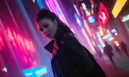 woman standing on a city street with neon lights