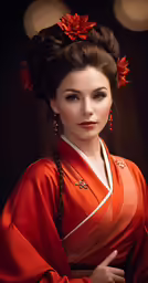 a beautiful woman wearing an orange kimono and holding red flowers