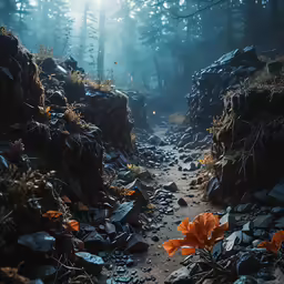 an orange flower sitting on top of a rocky trail
