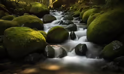 small stream surrounded by green rocks and trees