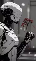 a robot holding a flower on the inside of his hand