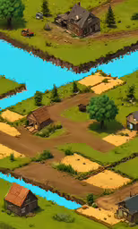 two 3d view of rural areas of different types,a video game scene showing a farm, buildings and water