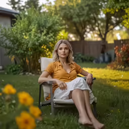 a woman wearing a tan shirt and white skirt is sitting in her lawn chair
