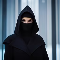 a woman wearing a black veil and a hooded coat