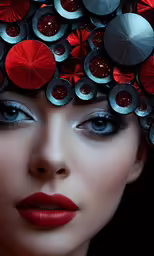 an attractive young woman with blue eyes and bright make up