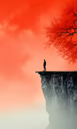 a man is standing on top of a cliff looking over to a red sky