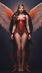 the girl with large breasts, wings and wings are standing