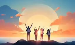 a painting of people standing on a cliff, with their hands in the air