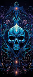 the blue skull with intricate floral decoration on a black background,a blue skull with a ornate pattern on it