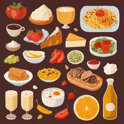 an image of a selection of food items,a variety of foods and drinks arranged on a table