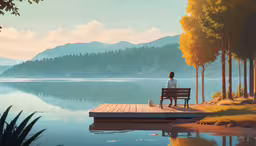 a man sitting on top of a bench next to a body of water,a woman sitting on a park bench on the edge of the lake