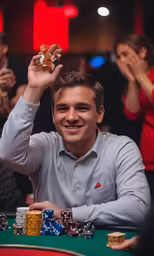 a smiling man holding his hand up in front of him
