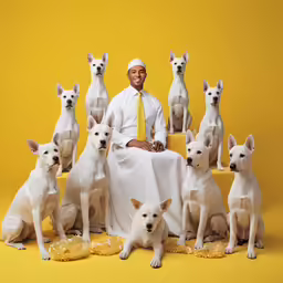 a man sitting on a table surrounded by nine dogs