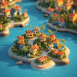 an assortment of toy houses sitting on island models