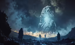 several people stand on a hill and look at an enormous monster