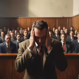 a man in suit is covering his face in front of a room full of people