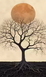 a tree is silhouetted by the full moon