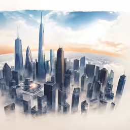 a city with skyscrapers, fog and a sunset in the distance