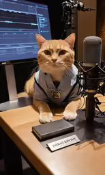 an orange cat wearing a shirt next to a microphone