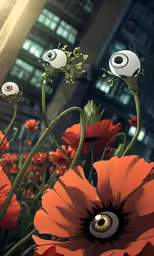 a flower field with two eyeballs in the center