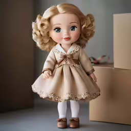 an older fashion doll stands on a box