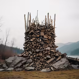 large pile of wooden sticks and rocks on grass