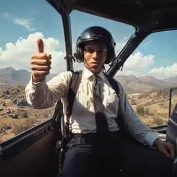 a man in a pilots uniform holding his thumb up