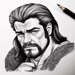 the young man in black and white with long hair is depicted in pencil drawing