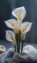 three white flowers with rain drops on them sitting in the sand