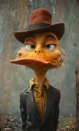 the character is dressed up as a duck with an orange beak