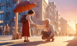 a man reaching for an umbrella while a woman looks on